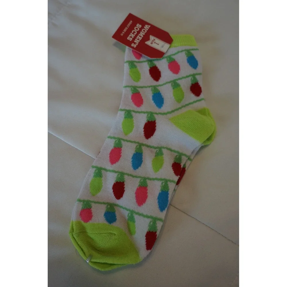 Womens Christmas Light Bulb Socks Neon Green Accents Holiday Novelty Size 9-11